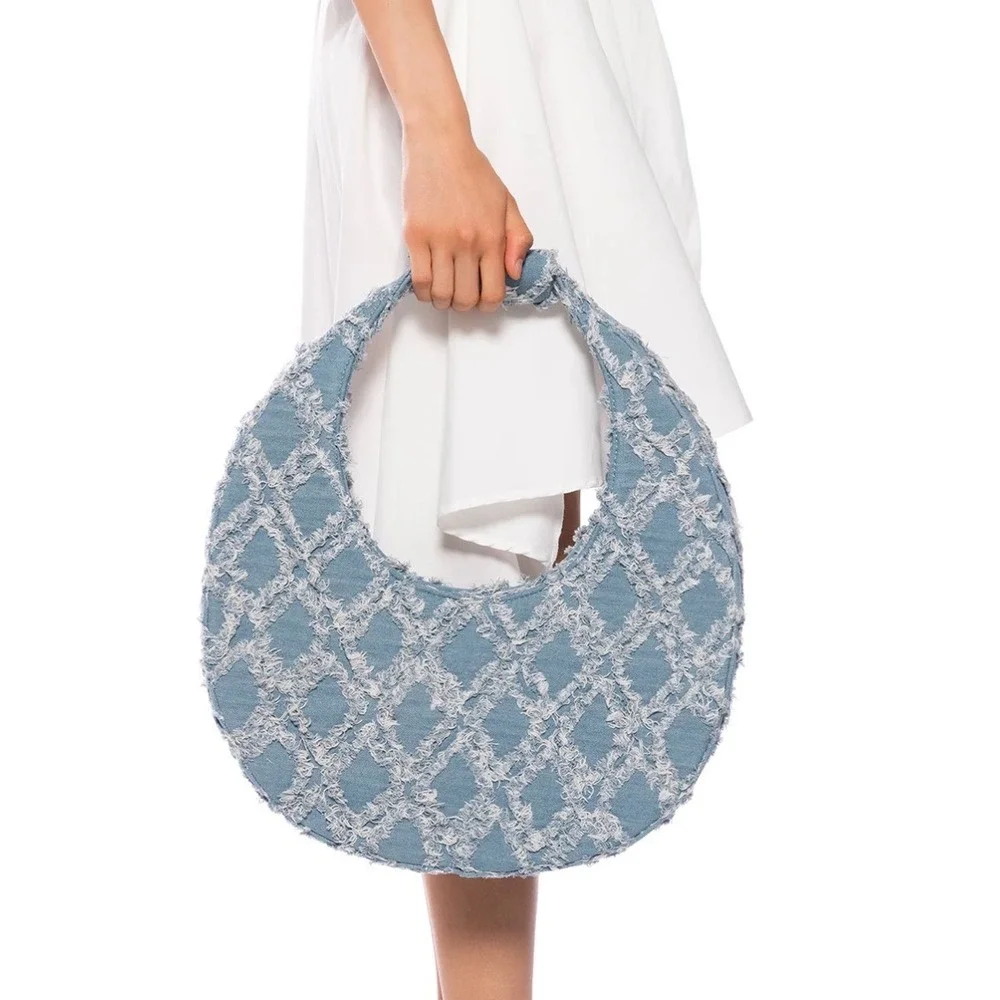 NWT‎ AKIRA Run World Denim Purse Frayed Quilted Patch Crescent Hobo Bag Boho Y2K